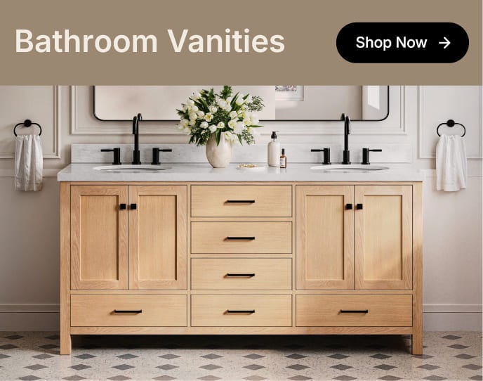 Bathroom Vanities White oak vanity with shaker doors and marble top, styled with round mirror and greenery in a bright bathroom.