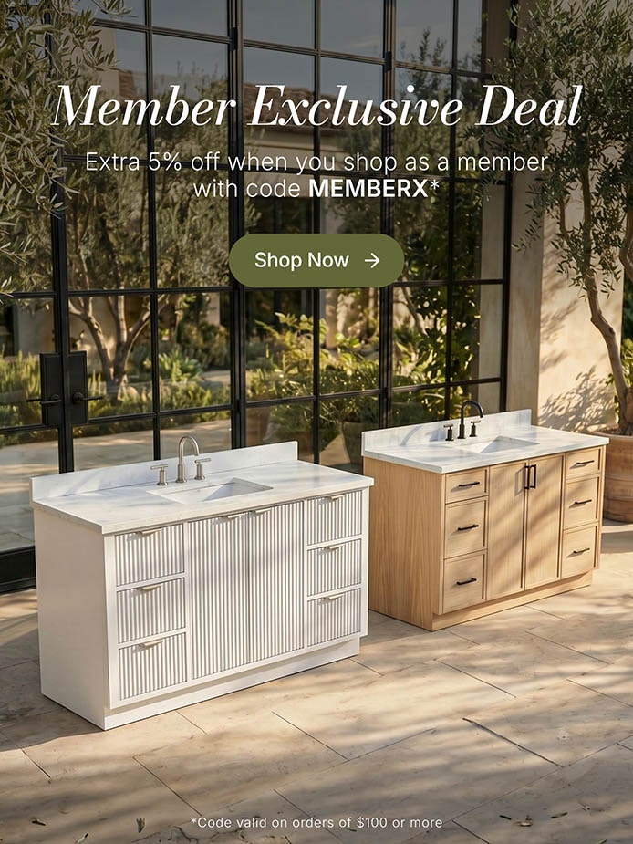 Natural oak single sink vanity with shaker drawers, white countertop, and green tile wall background Natural oak single sink vanity with shaker drawers, white countertop, and green tile wall background
