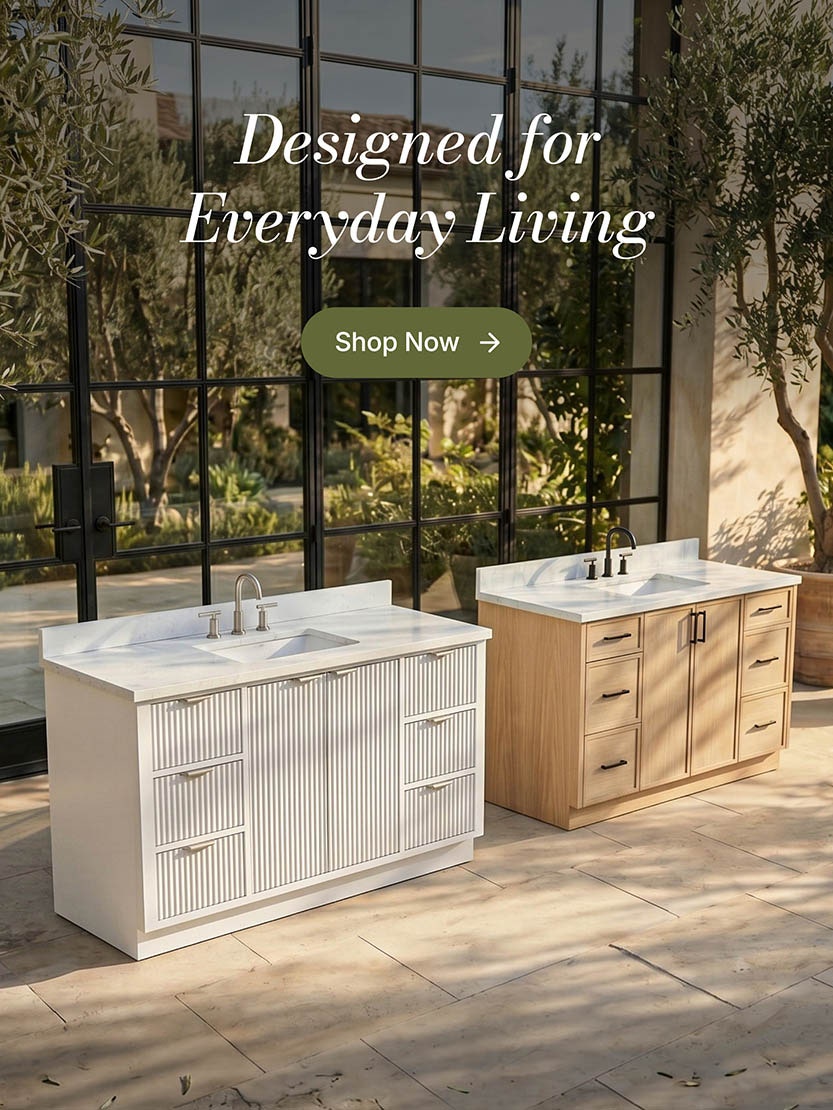 ARIEL Bathroom Vanities Collection Natural oak single sink vanity with shaker drawers, white countertop, and green tile wall background
