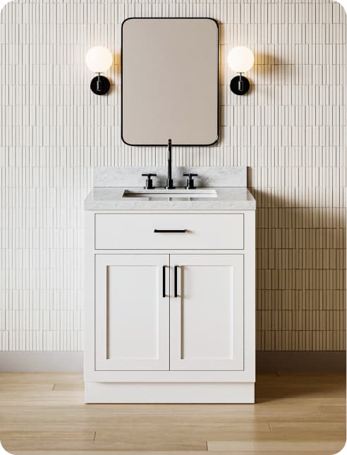 Single Sink Vanity Black single sink vanity with shaker-style doors, black hardware, and a oval mirror mounted on the beige wall
