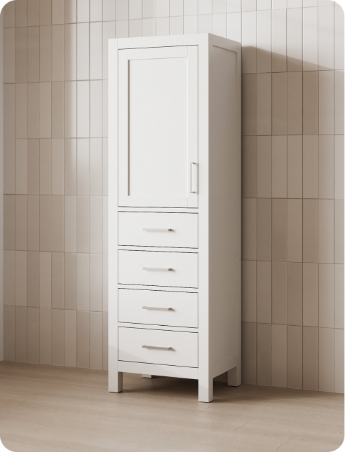 Bathroom Storage Tall oak linen cabinet with a single upper door and multiple lower drawers, styled against a warm background.