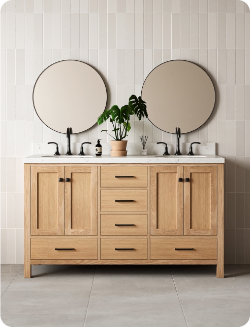 Double Sink Vanity Natural wood double sink vanity with center drawers, two retangular mirrors, and black fixtures against a wall.