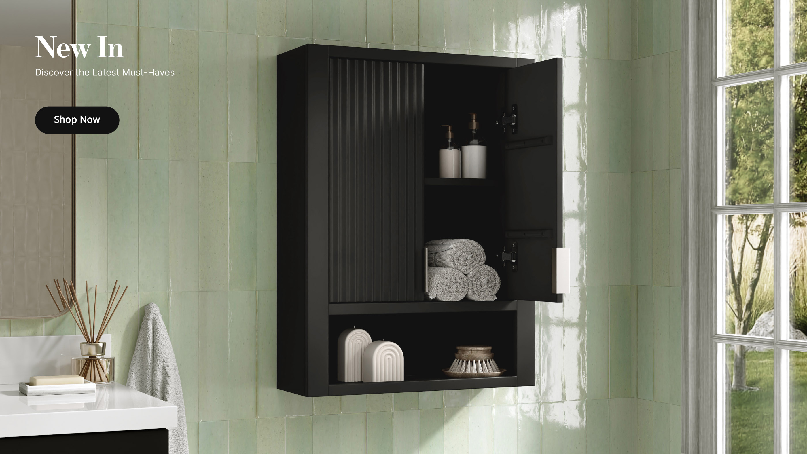 New In Oak wall cabinet with black hardware promotes New In collection with Shop Now button.