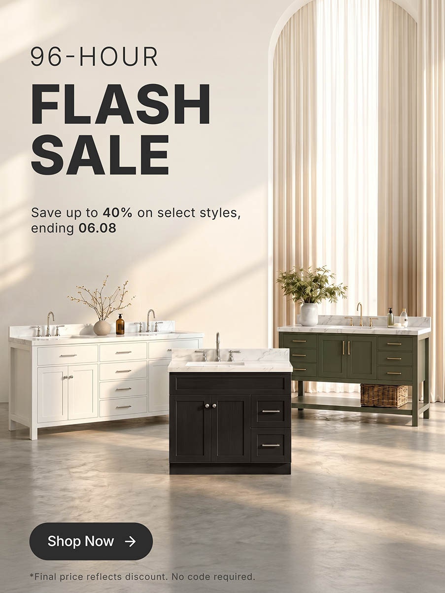 96-hour Flash Sale Natural oak single sink vanity with shaker drawers, white countertop, and green tile wall background