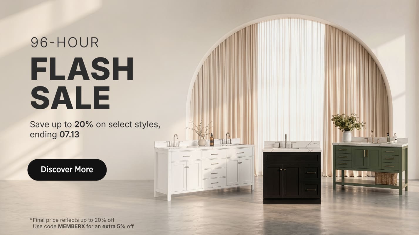 ARIEL Bath 96-Hour Flash Sale - Up to 20% Off Bathroom Vanities" 96-Hour Flash Sale banner featuring white, espresso, and green bathroom vanities with marble countertops, save up to 20% with code MEMBERX