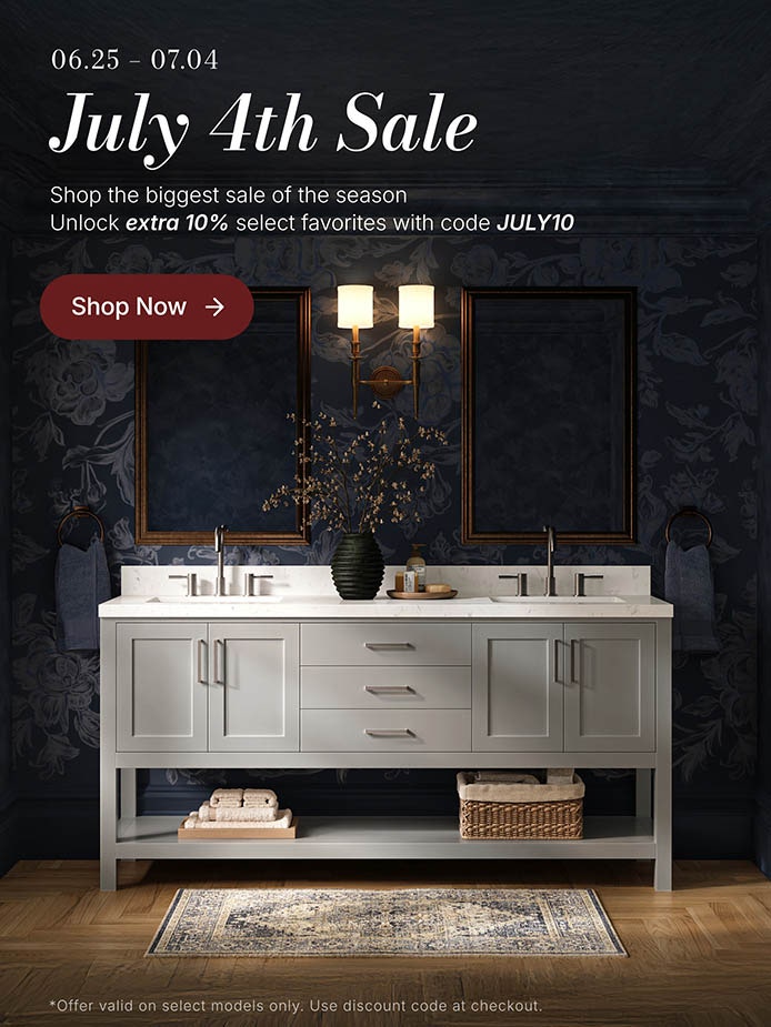 July 4th Sale: Save 10% with code JULY10. Natural oak single sink vanity with shaker drawers, white countertop, and green tile wall background