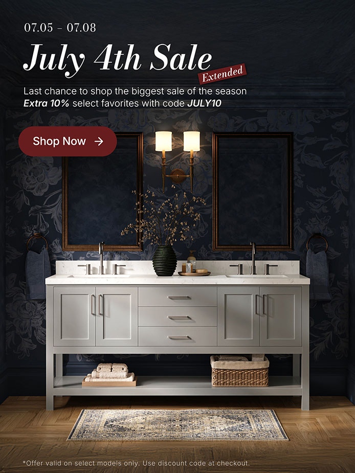Extended July 4th Sale: Save 10% with code JULY10. Natural oak single sink vanity with shaker drawers, white countertop, and green tile wall background